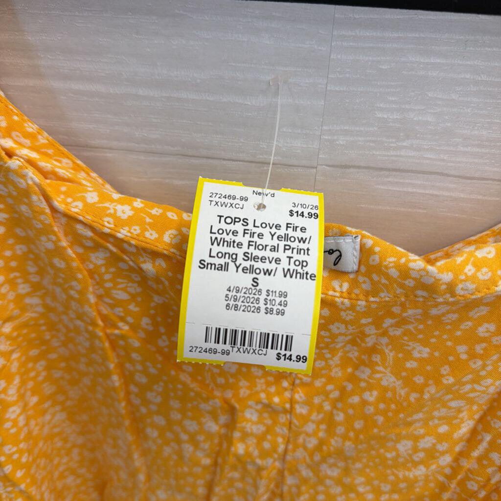 Love Fire Yellow/ White Floral Print Long Sleeve Top Small