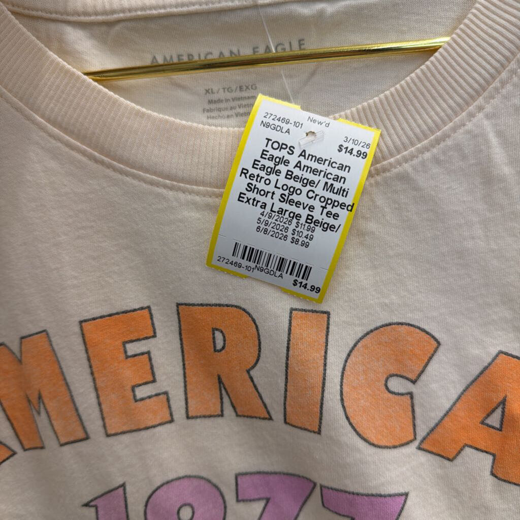 American Eagle Beige/ Multi Retro Logo Cropped Short Sleeve Tee Extra Large
