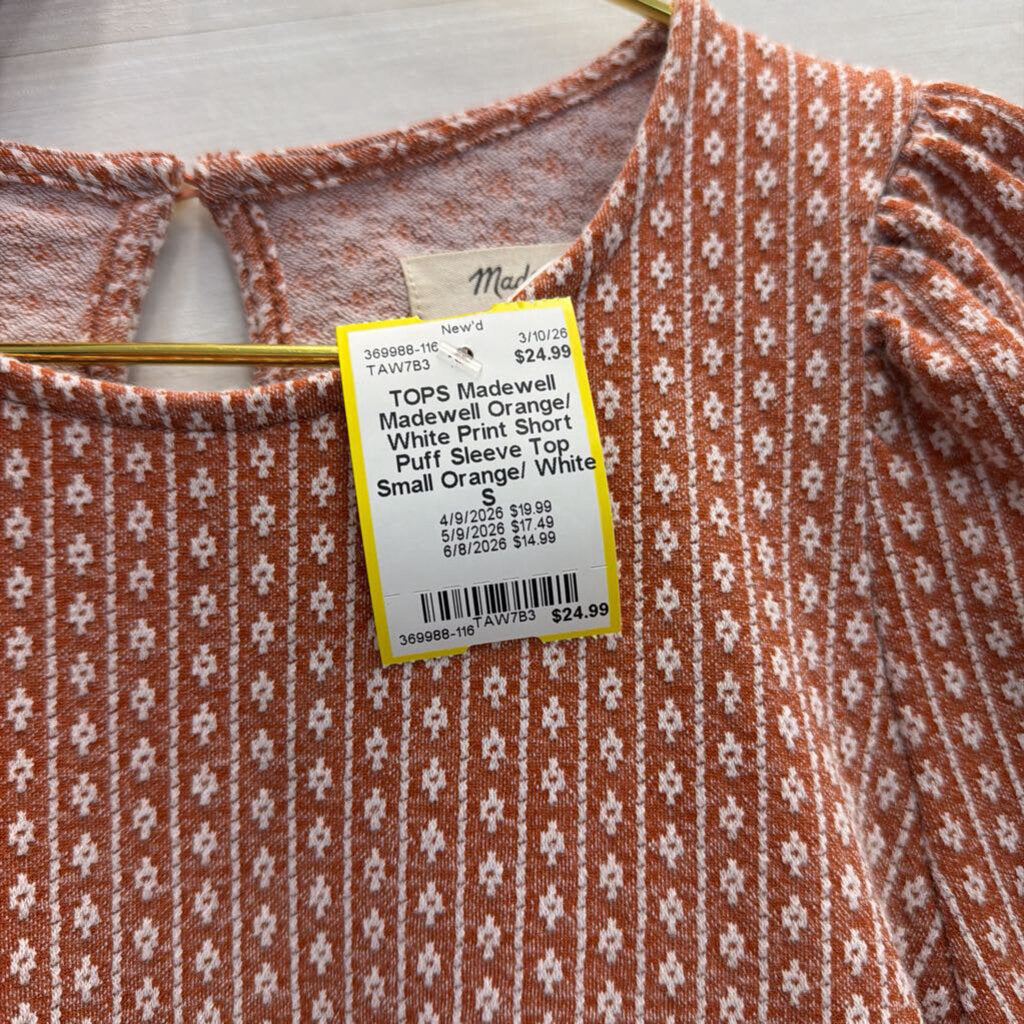 Madewell Orange/ White Print Short Puff Sleeve Top Small