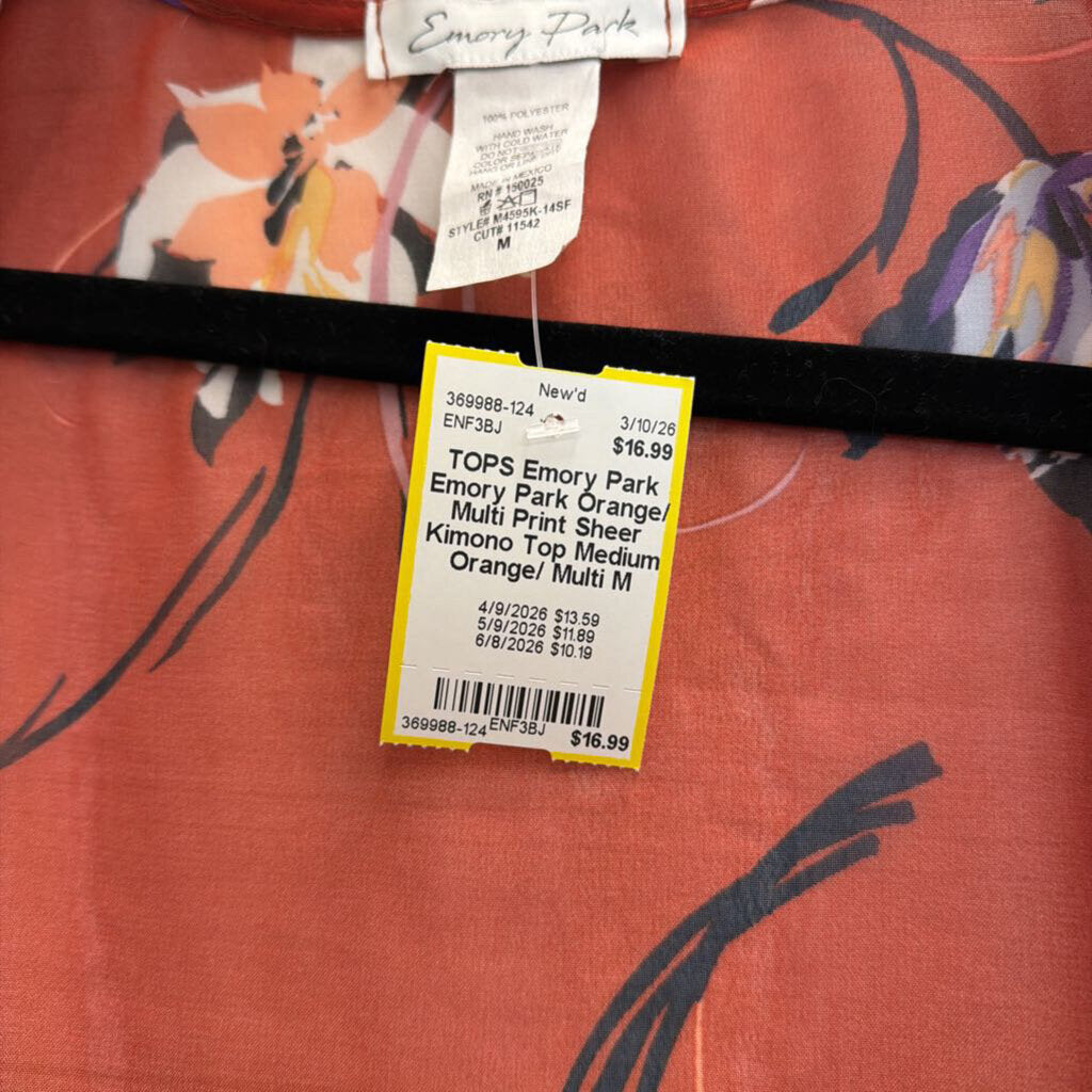 Emory Park Orange/ Multi Print Sheer Kimono Top Medium