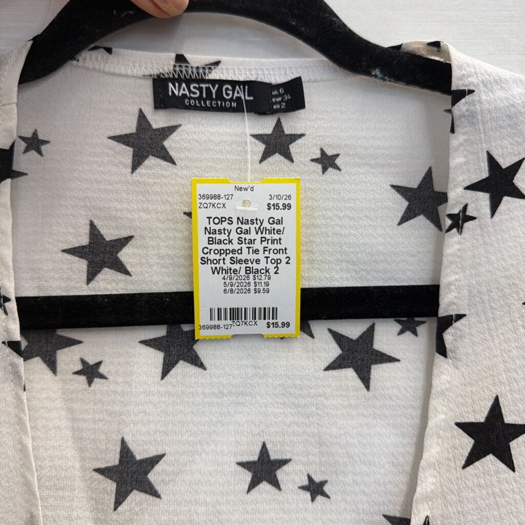 Nasty Gal White/ Black Star Print Cropped Tie Front Short Sleeve Top 2