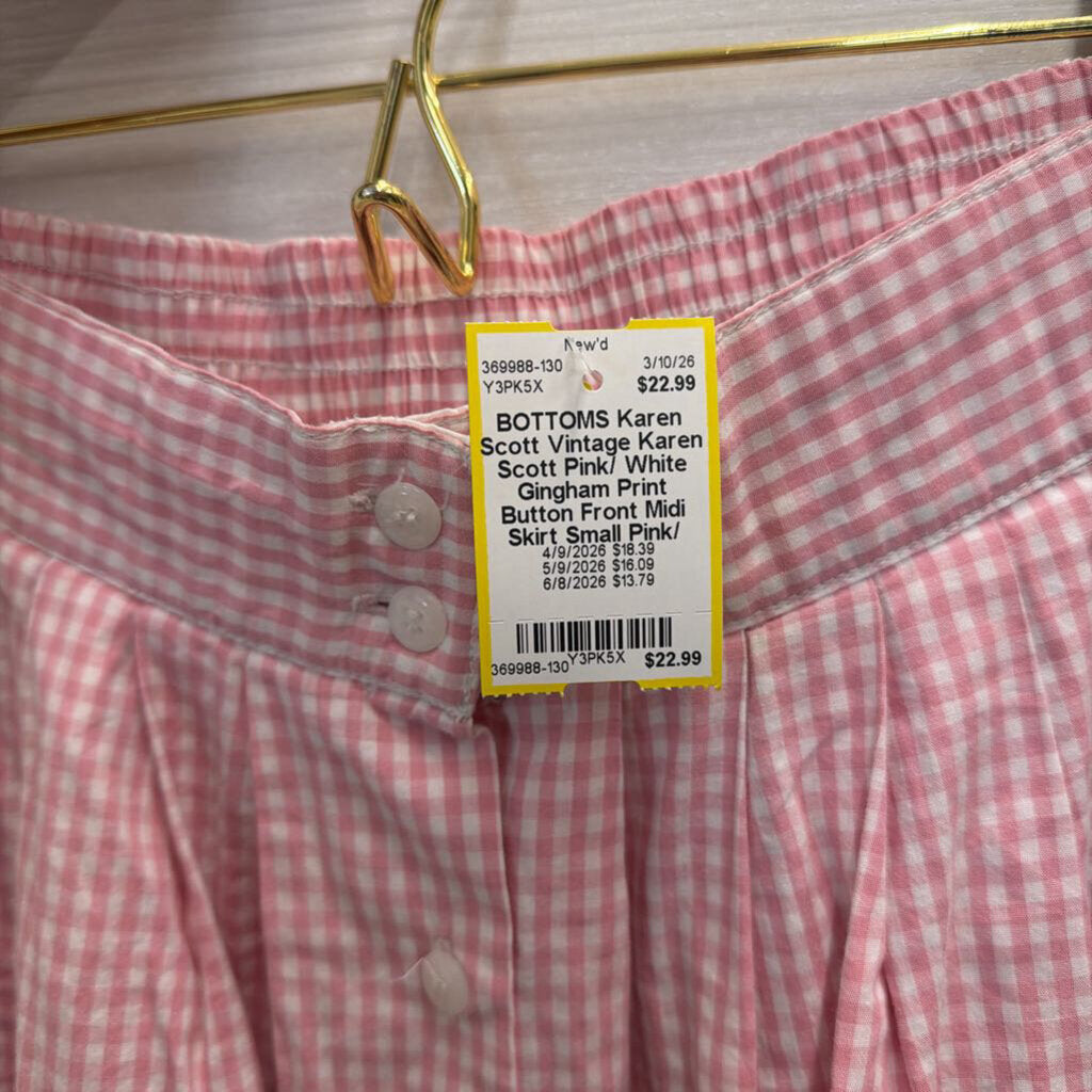 Vintage Karen Scott Pink/ White Gingham Print Button Front Midi Skirt Small