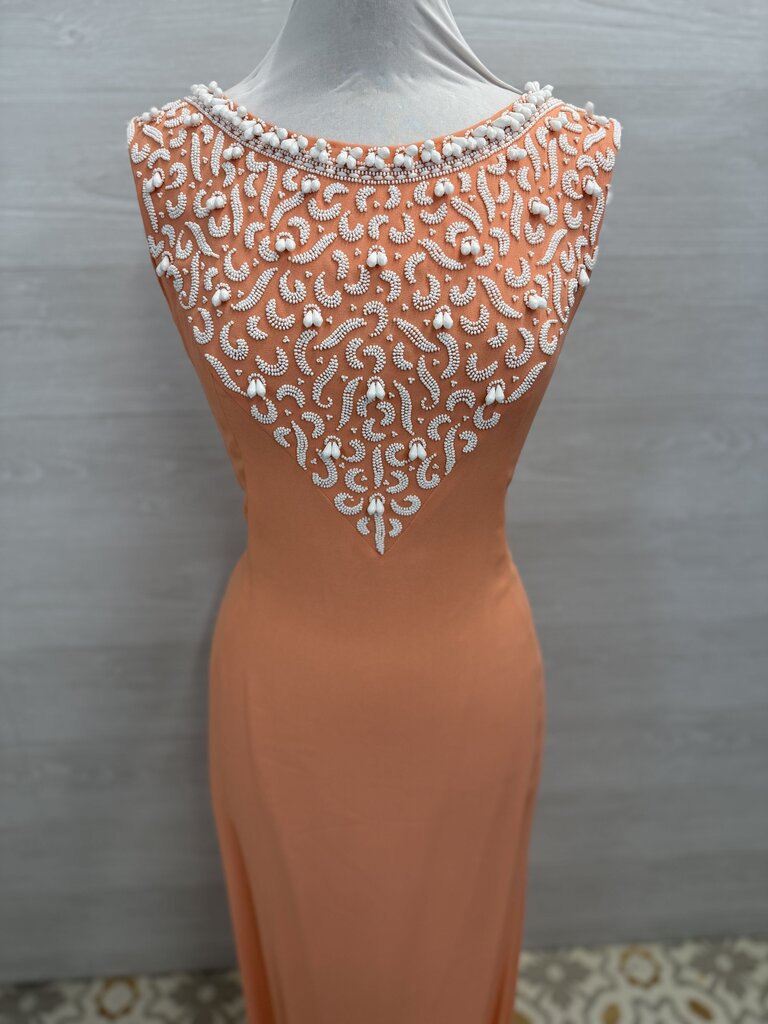 Vintage Coral/ White Beaded Detail Long Formal Dress Medium  newdsalem