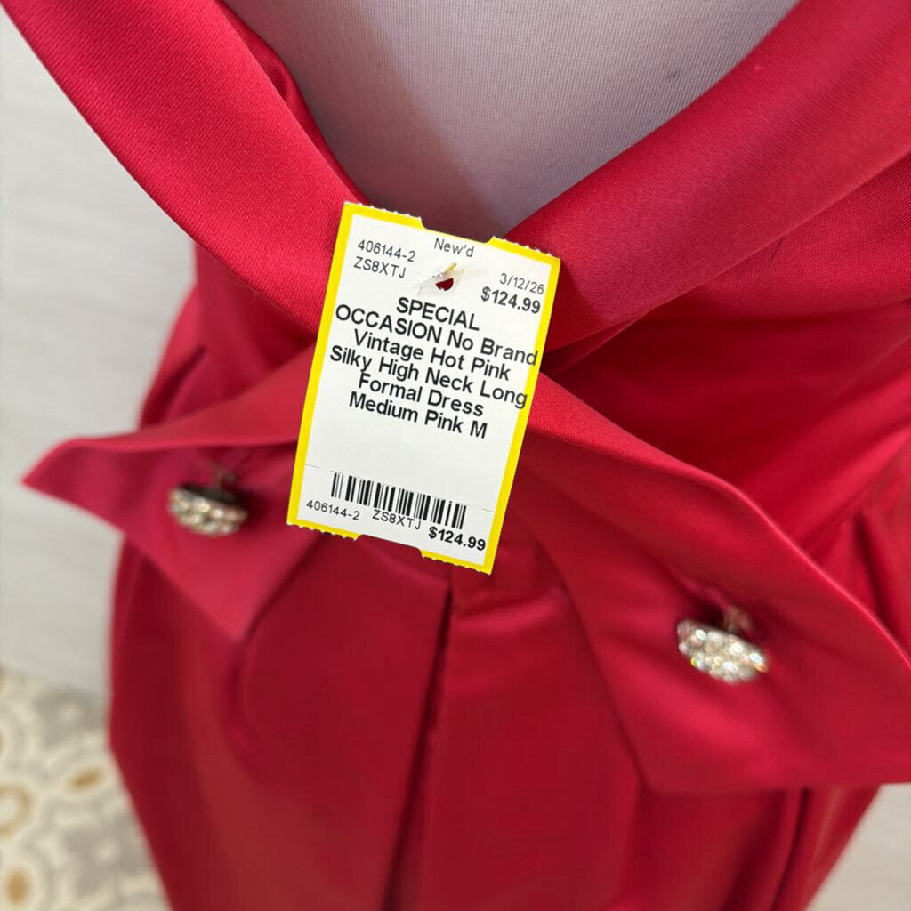 Vintage Hot Pink Silky High Neck Long Formal Dress Medium