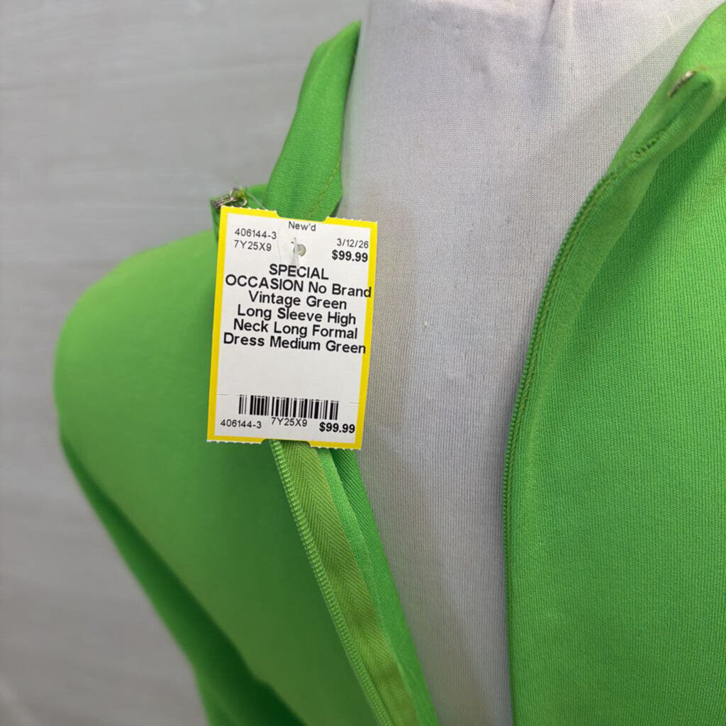 Vintage Green Long Sleeve High Neck Long Formal Dress Medium