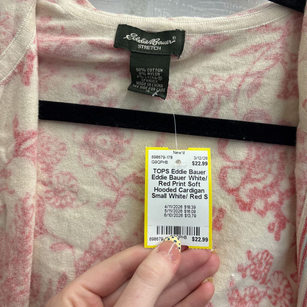 Eddie Bauer White/ Red Print Soft Hooded Cardigan Small