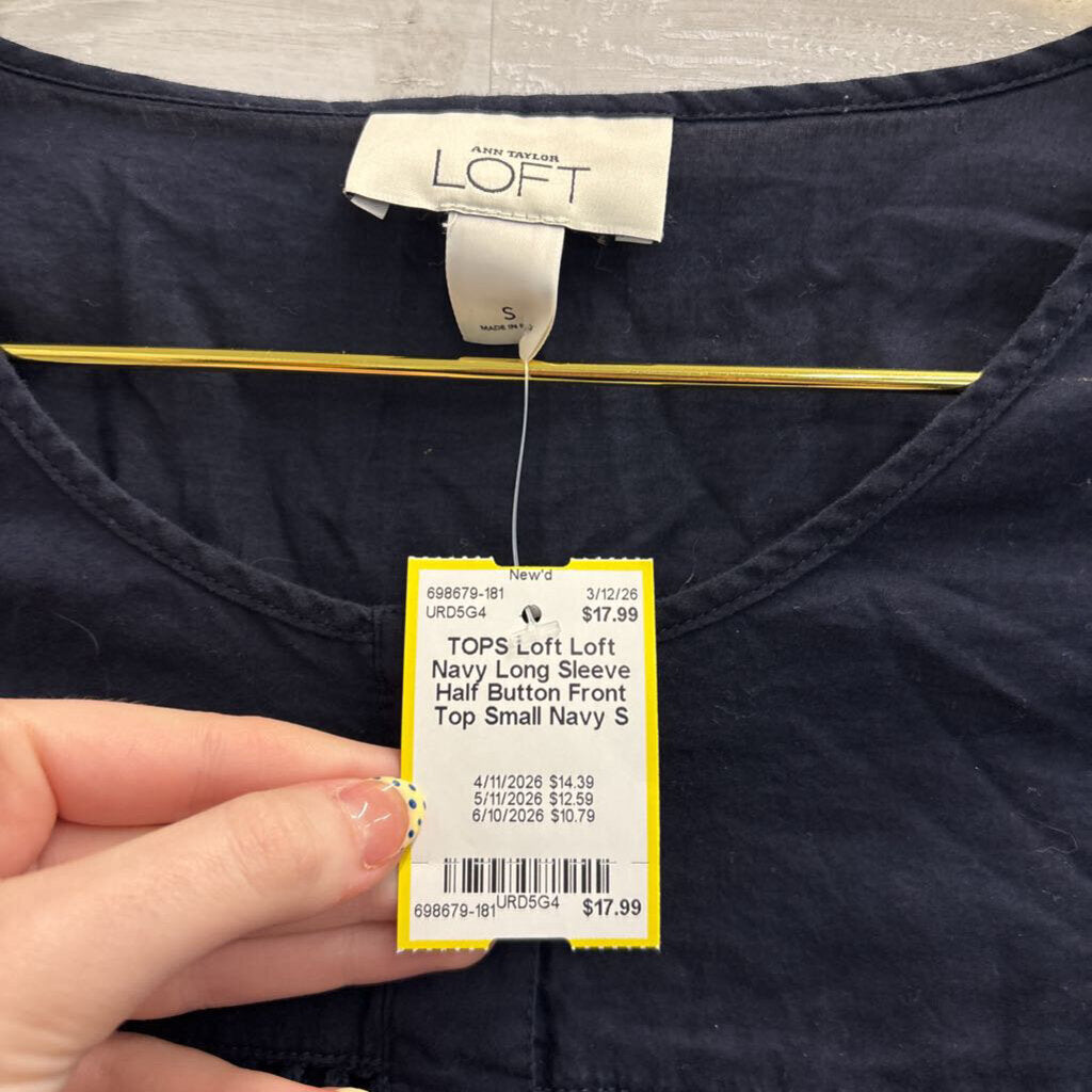 Loft Navy Long Sleeve Half Button Front Top Small