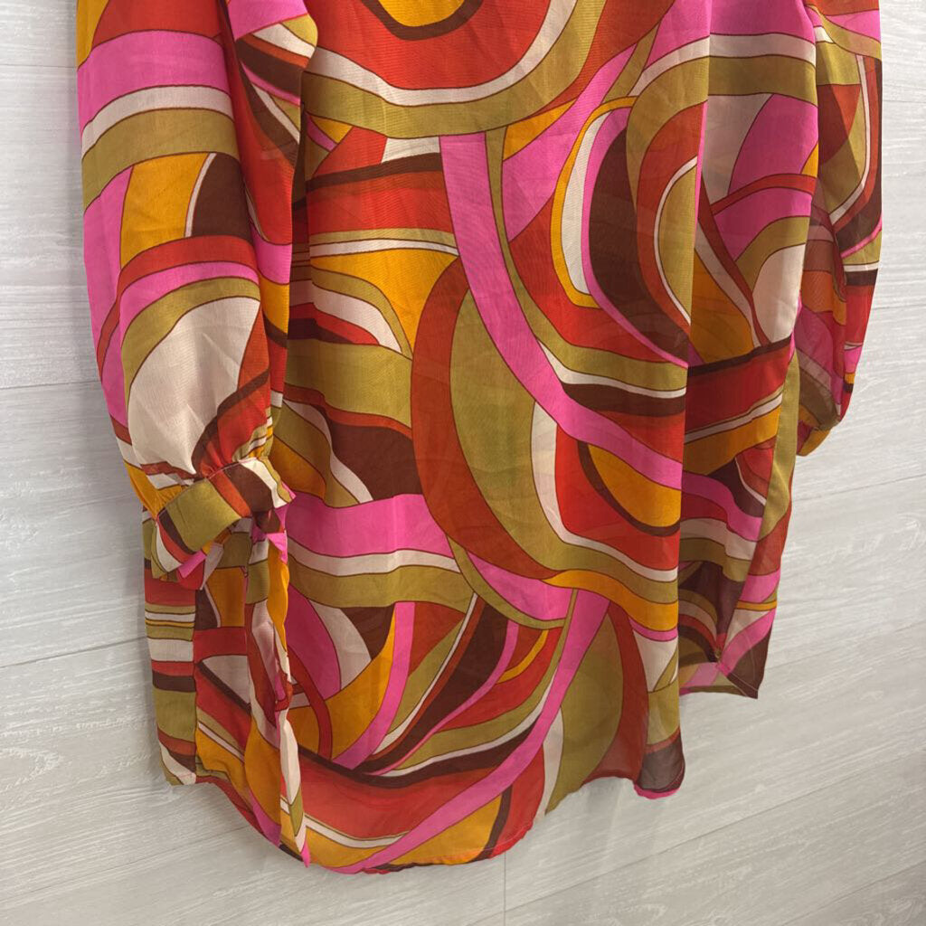Girl Soul Pink /Multi Sheer Print Long Sleeve Button Down Tunic Top Large