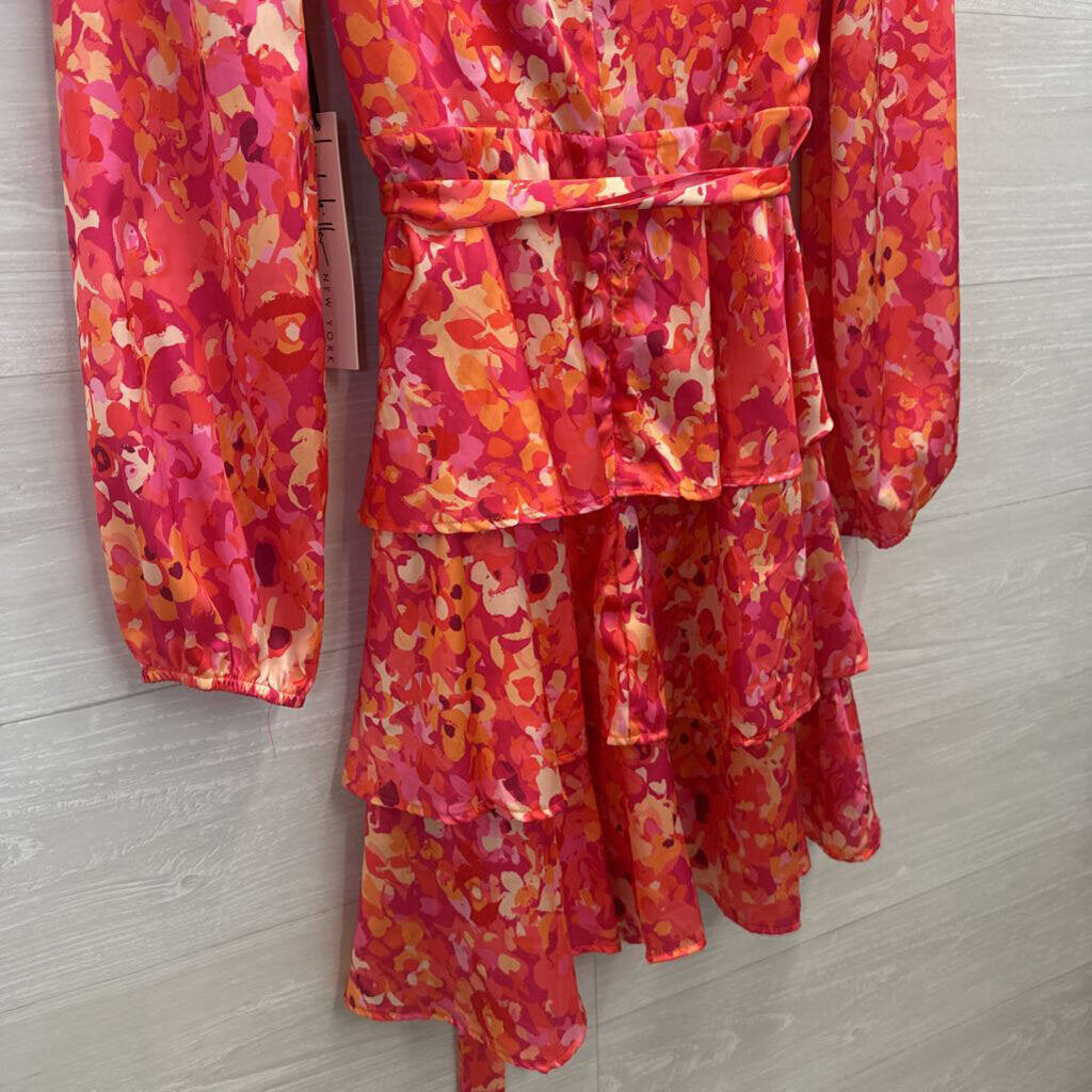 Nicole Miller Pink/ Multi Print Silky Long Sleeve Tie Waist Dress Extra Small