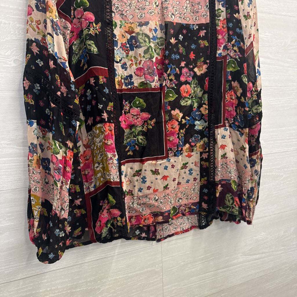 Johnny Was Jade Roswell Black/ Multi Patchwork Floral Long Sleeve Top Small