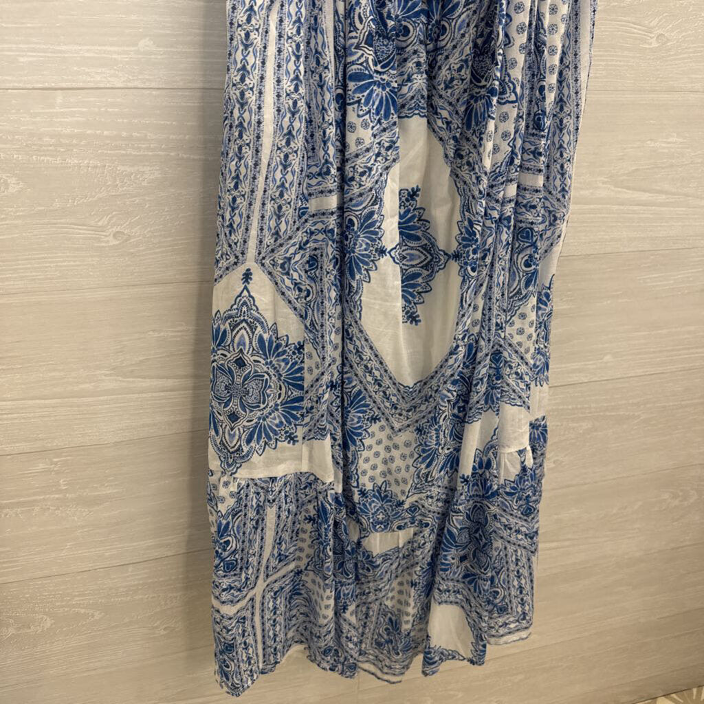 Olivaceous White/ Blue Print Tie Back Maxi Dress Large