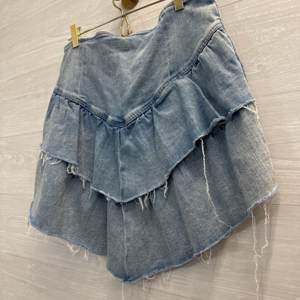 Mother Light Wash Layered Frayed Hem Denim Skirt 34