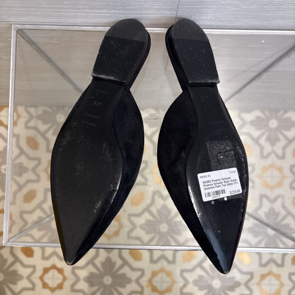 Proenza Schouler Black Suede Grommet Point Toe Slides 37.5