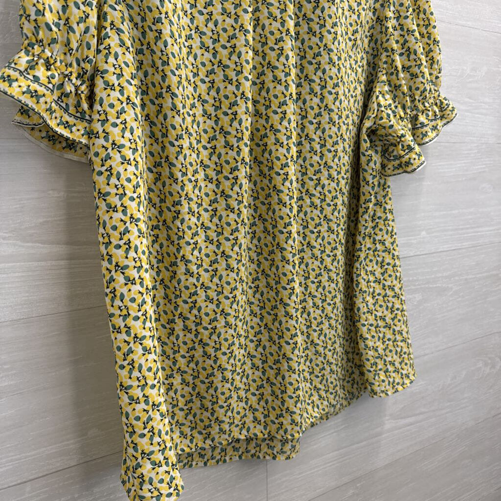 Max Studio Yellow Print Short Ruffle Sleeve Top 1X