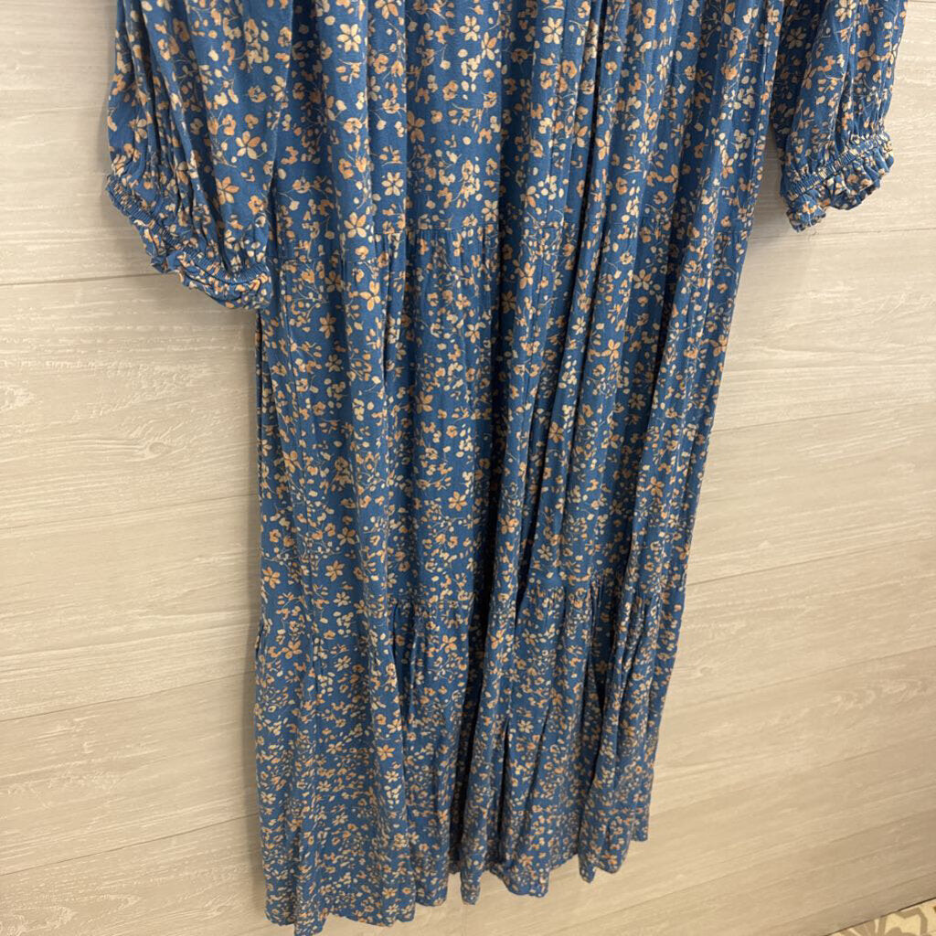 Piper and Scoot Blue/ Beige Floral Print Long Sleeve Maxi Dress Large