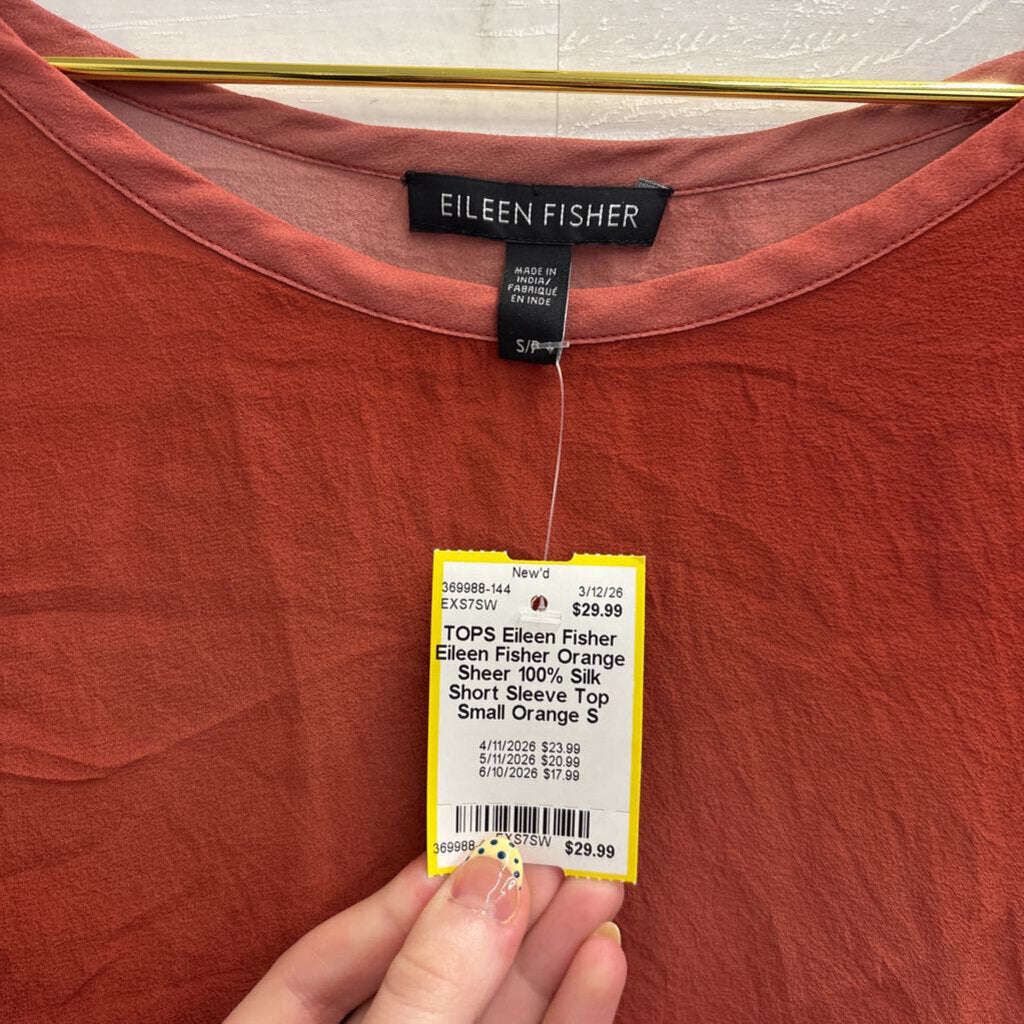 Eileen Fisher Orange Sheer 100% Silk Short Sleeve Top Small