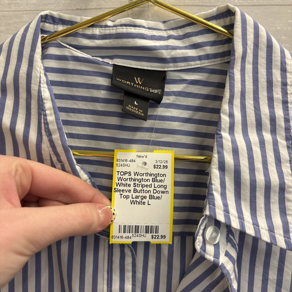 Worthington Blue/ White Striped Long Sleeve Button Down Top Large