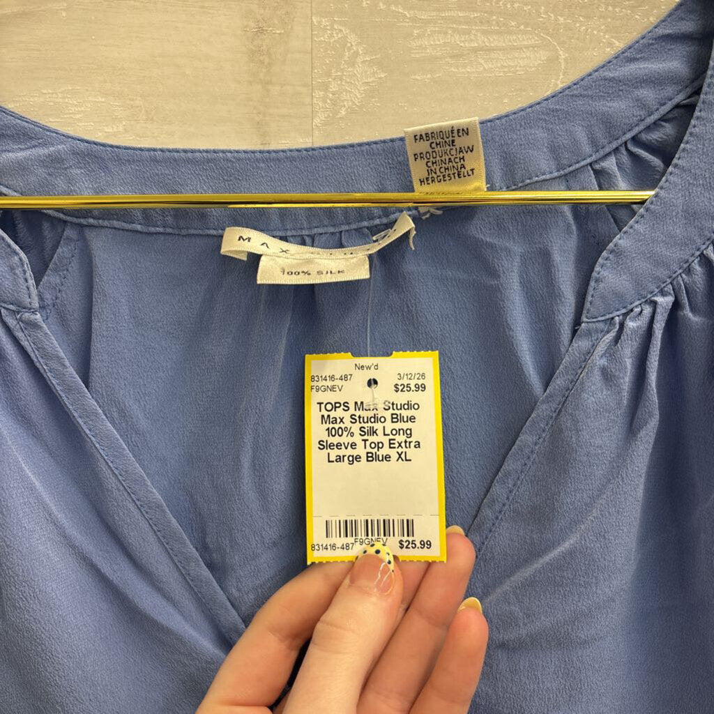 Max Studio Blue 100% Silk Long Sleeve Top Extra Large