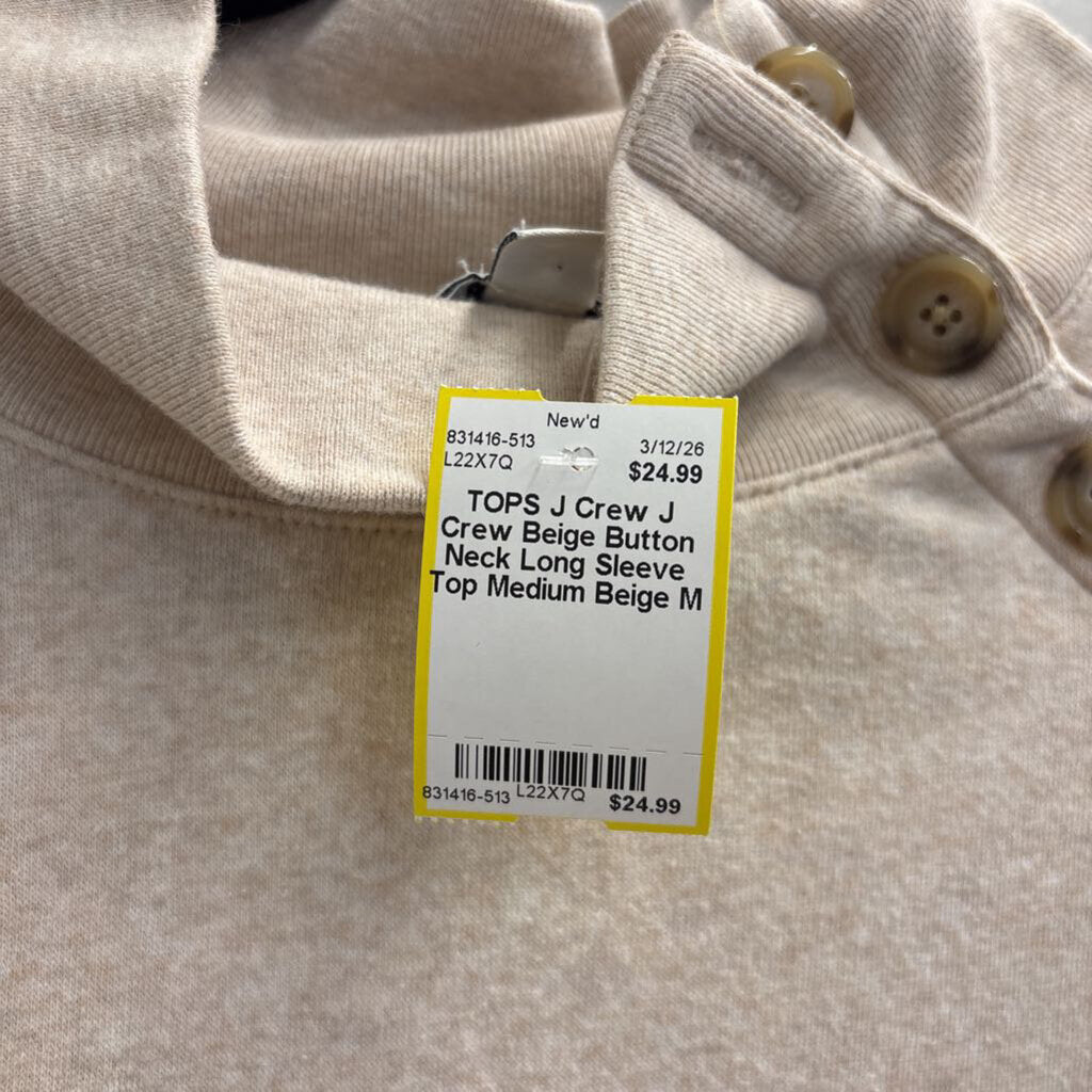 J Crew Beige Button Neck Long Sleeve Top Medium