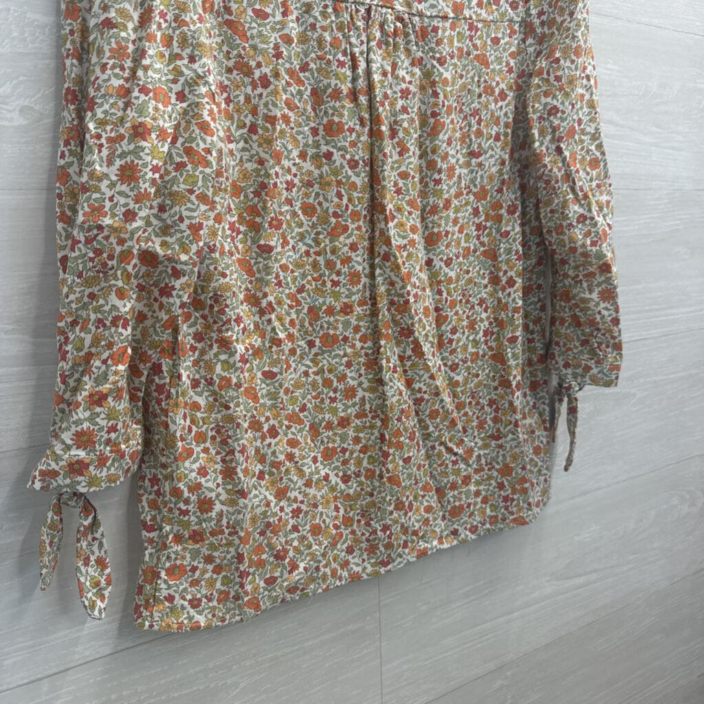 White/ Orange/ Green Floral Print Long Sleeve Top Small