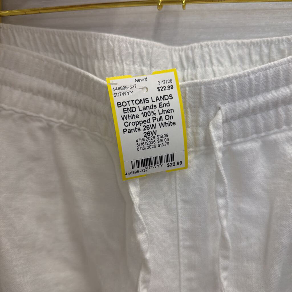 Lands End White 100% Linen Cropped Pull On Pants 26W