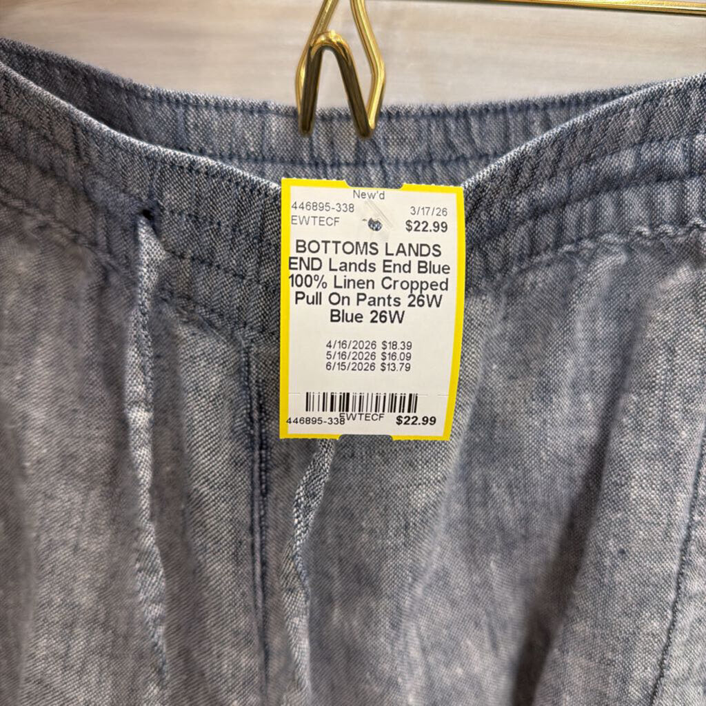Lands End Blue 100% Linen Cropped Pull On Pants 26W