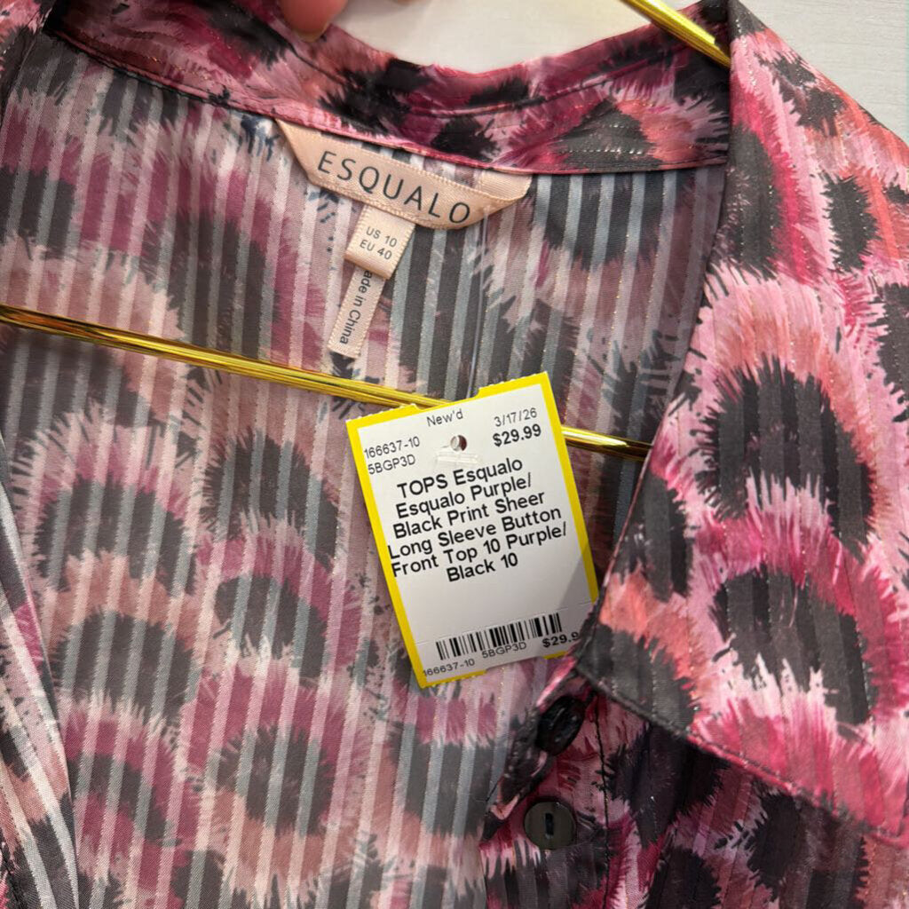 Esqualo Purple/ Black Print Sheer Long Sleeve Button Front Top 10