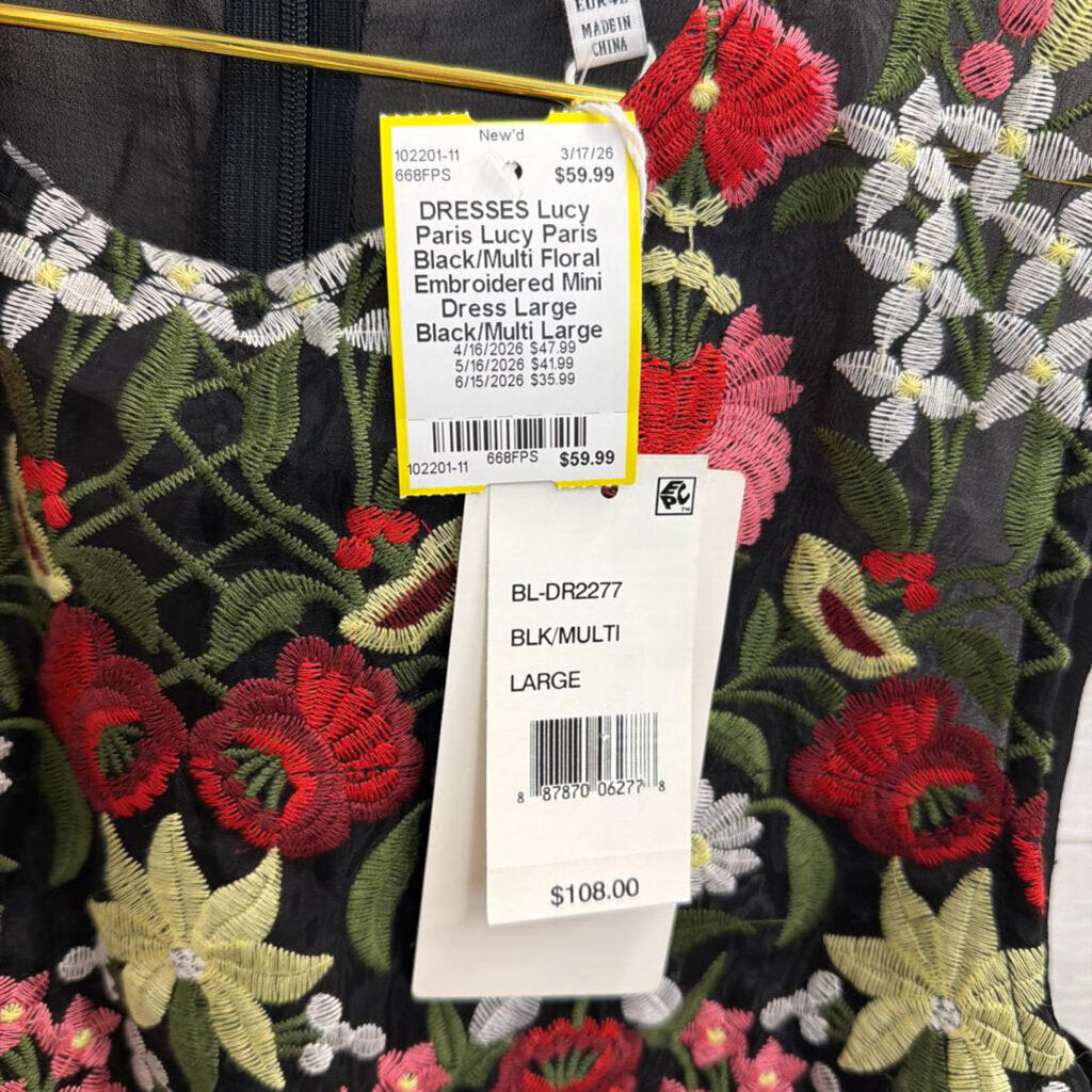 Lucy Paris Black/Multi Floral Embroidered Mini Dress Large