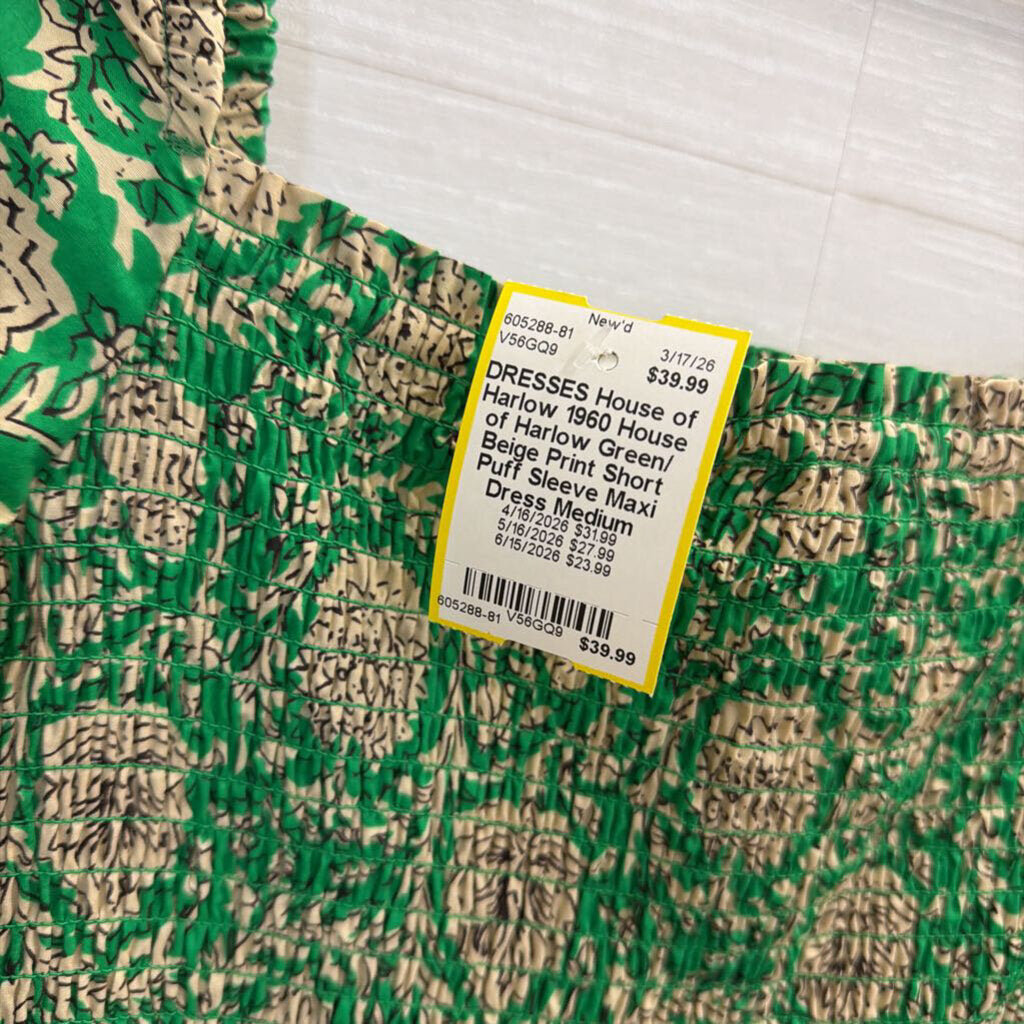 House of Harlow Green/ Beige Print Short Puff Sleeve Maxi Dress Medium