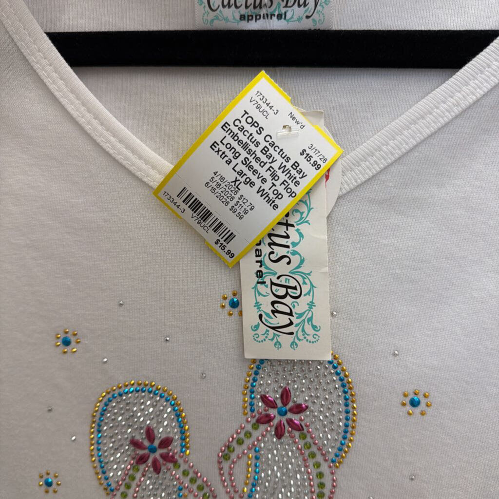 Cactus Bay White Embellished Flip Flop Long Sleeve Top Extra Large