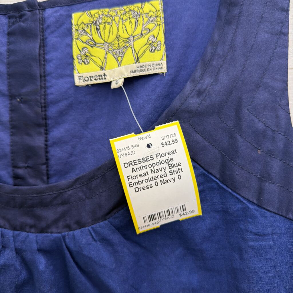 Anthropologie Floreat Navy Blue Embroidered Shift Dress 0