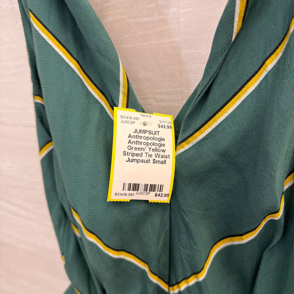 Anthropologie Green/ Yellow Striped Tie Waist Jumpsuit Small