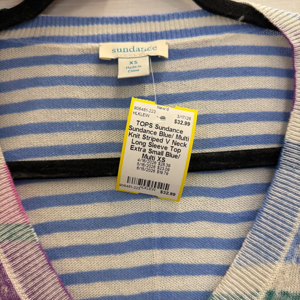 Sundance Blue/ Multi Knit Striped V Neck Long Sleeve Top Extra Small