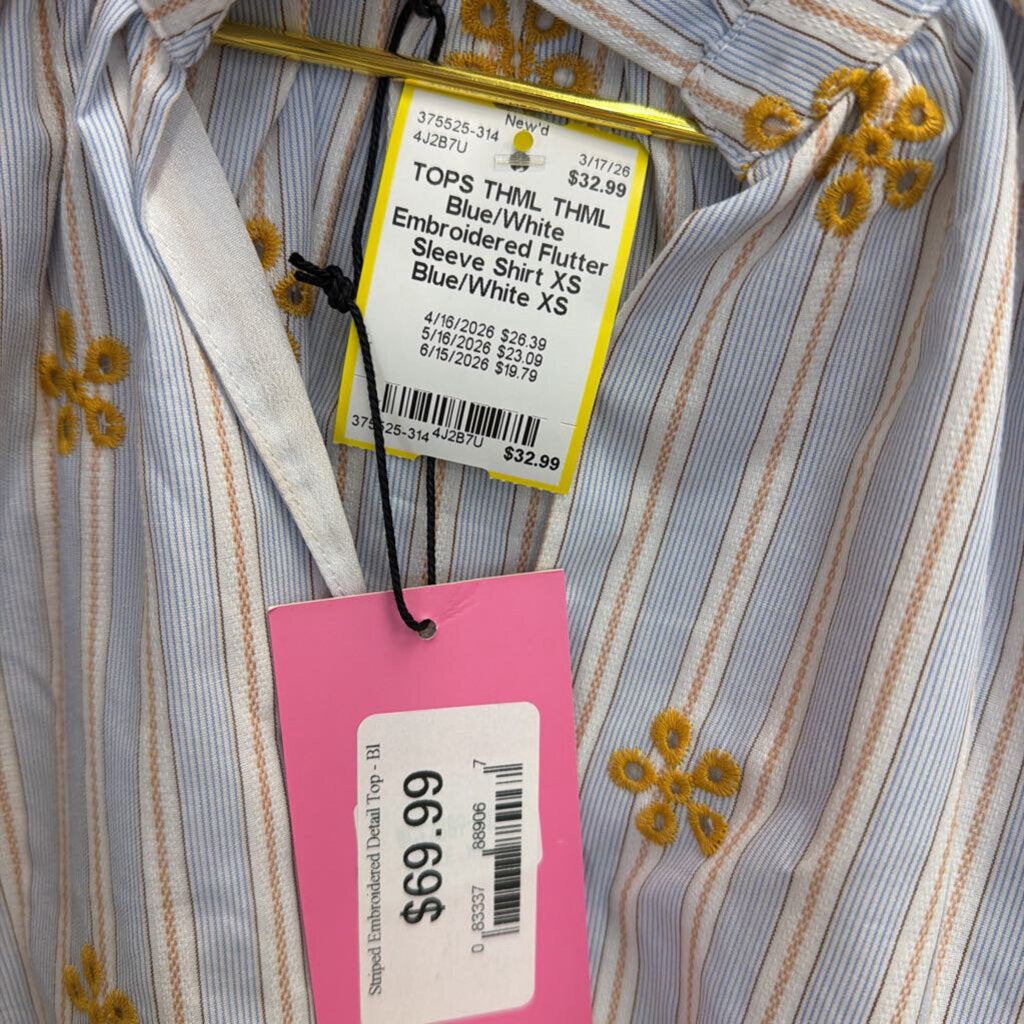 THML Blue/White Embroidered Flutter Sleeve Shirt XS