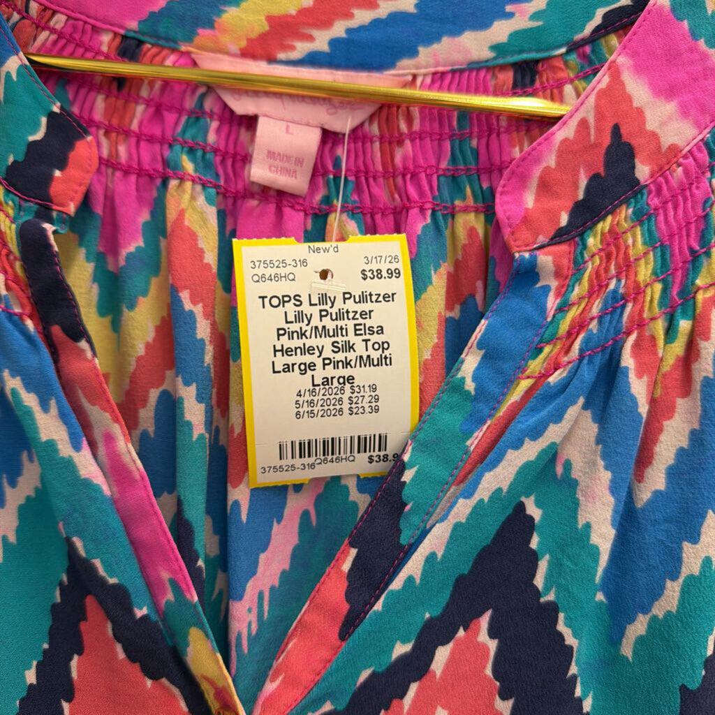 Lilly Pulitzer Pink/Multi Elsa Henley Silk Top Large