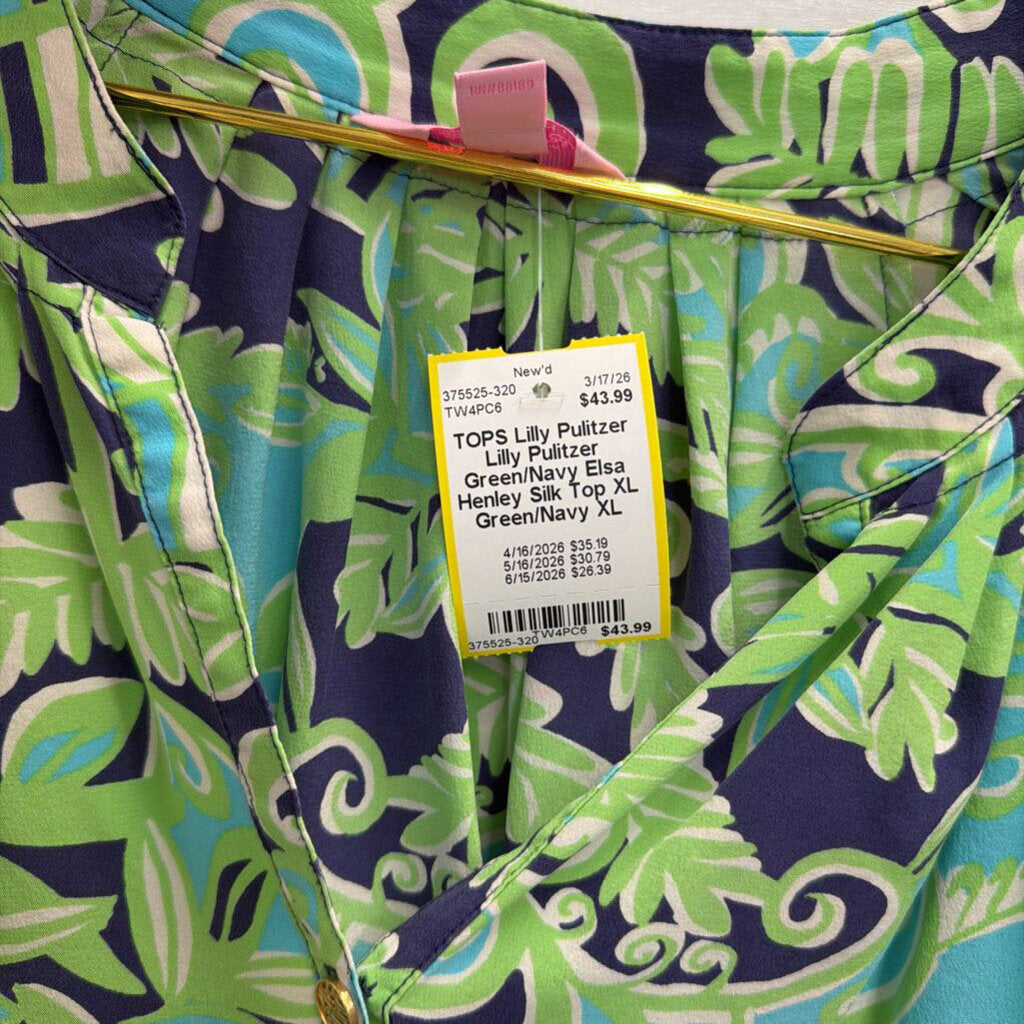 Lilly Pulitzer Green/Navy Elsa Henley Silk Top XL
