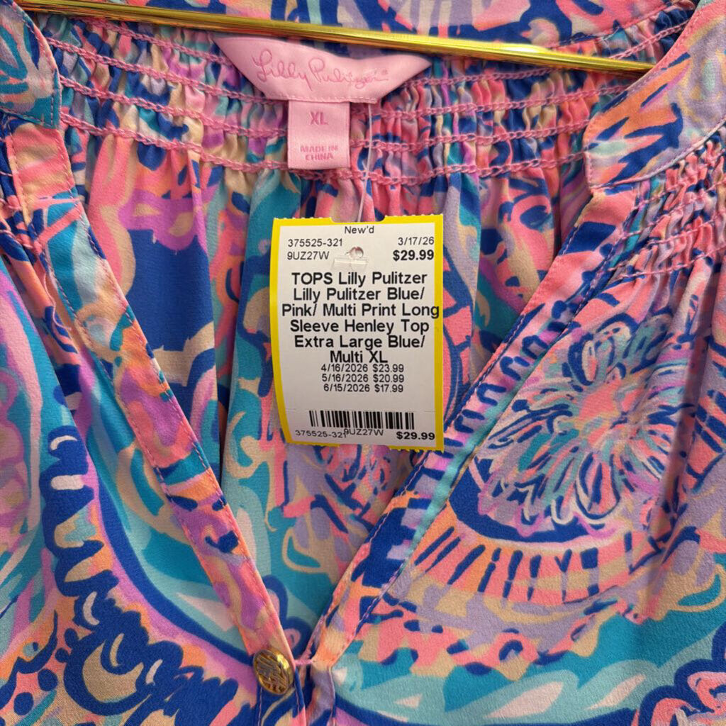 Lilly Pulitzer Blue/ Pink/ Multi Print Long Sleeve Henley Top Extra Large