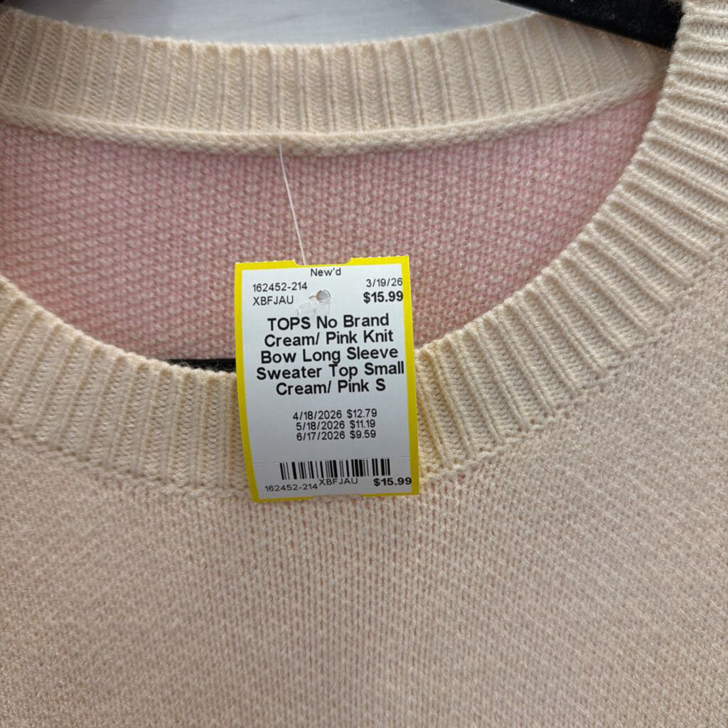 Cream/ Pink Knit Bow Long Sleeve Sweater Top Small