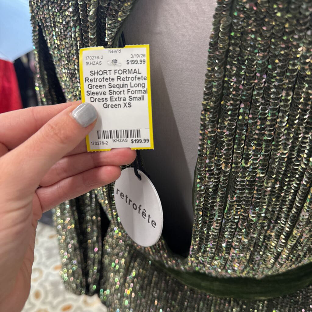 Retrofete Green Sequin Long Sleeve Short Formal Dress Extra Small