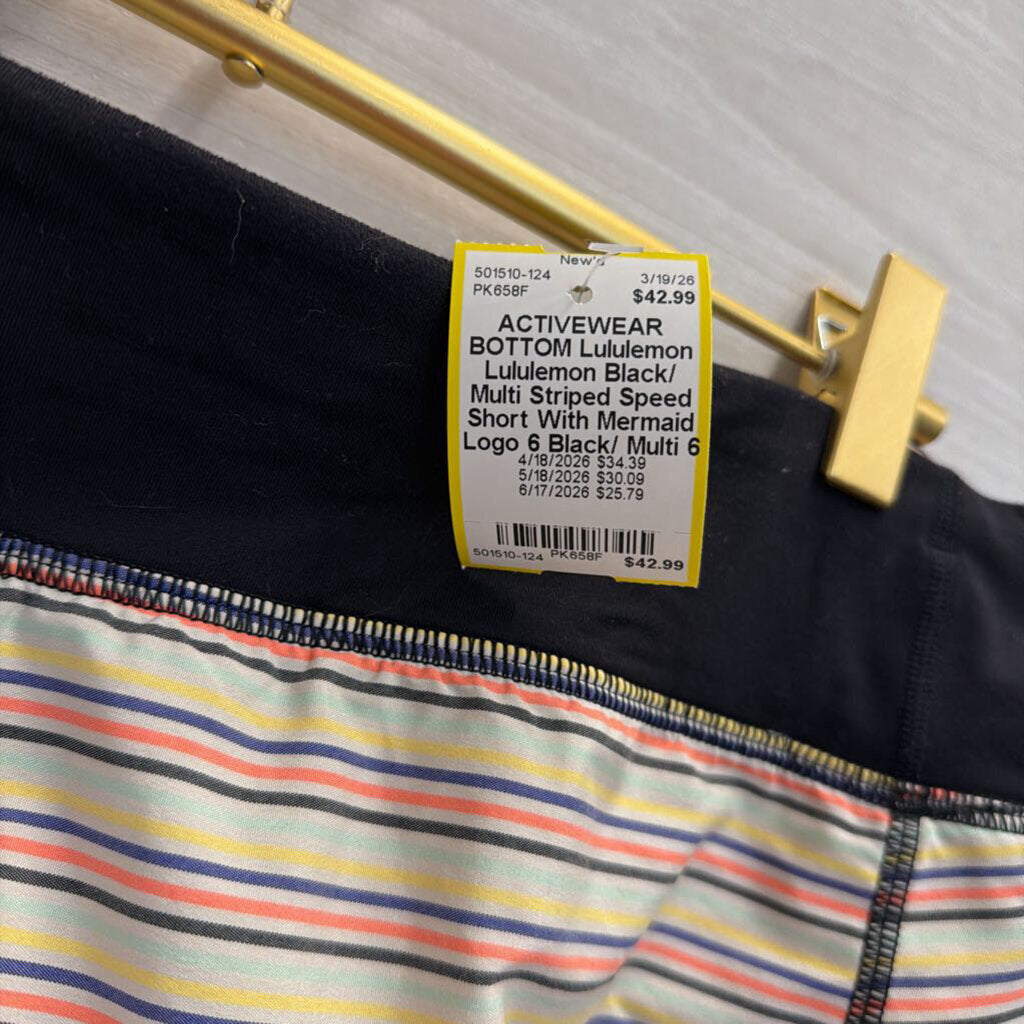 Lululemon Black/ Multi Striped Speed Short With Mermaid Logo 6