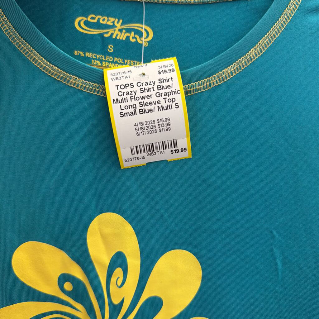 Crazy Shirt Blue/ Multi Flower Graphic Long Sleeve Top Small