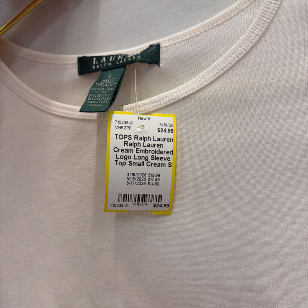 Ralph Lauren Cream Embroidered Logo Long Sleeve Top Small