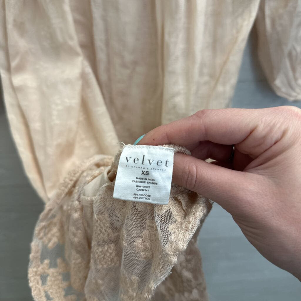 Velvet Cream Embroidered Puff Sleeve Dress Extra Small