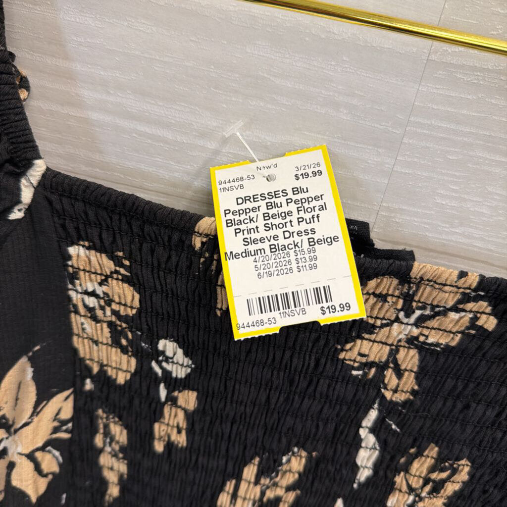 Blu Pepper Black/ Beige Floral Print Short Puff Sleeve Dress Medium