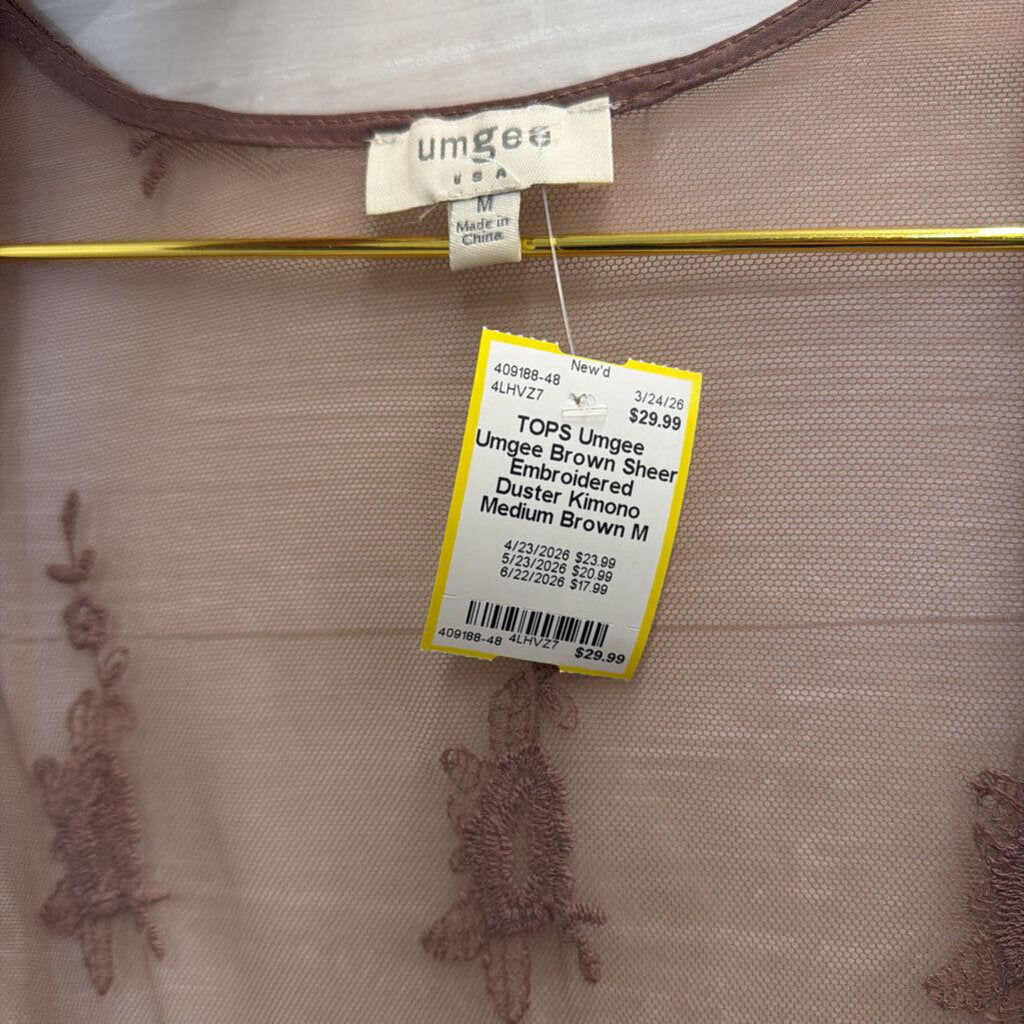 Umgee Brown Sheer Embroidered Duster Kimono Medium