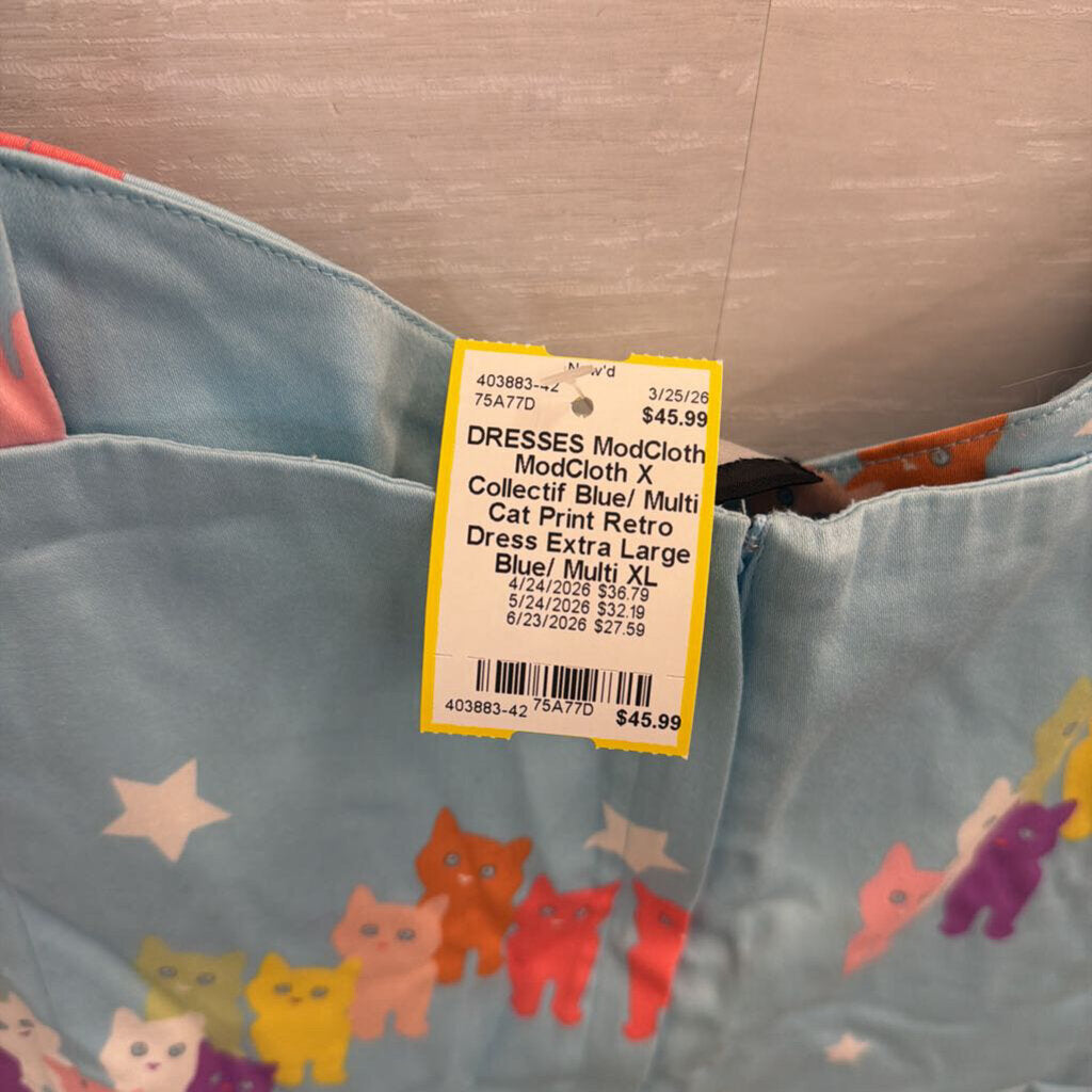 ModCloth X Collectif Blue/ Multi Cat Print Retro Dress Extra Large