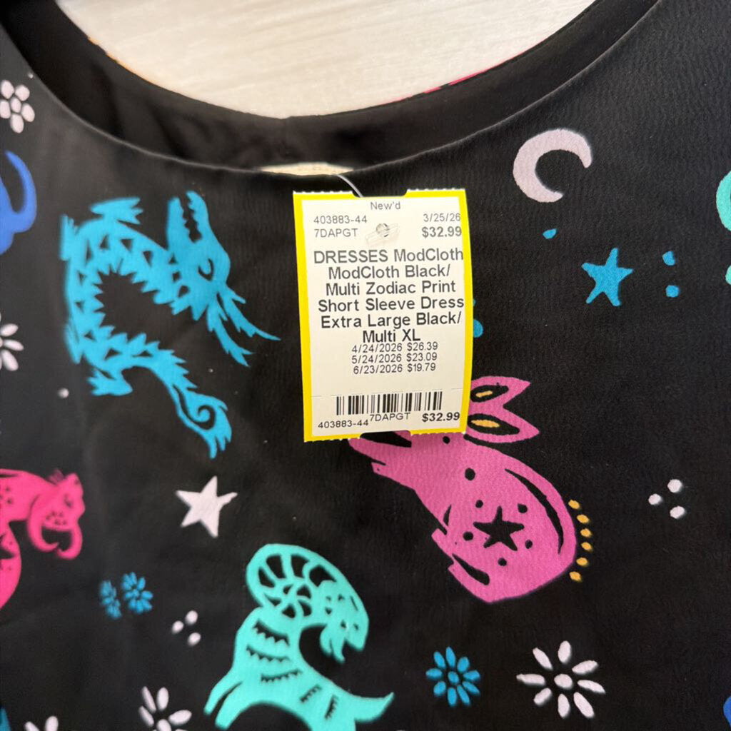 ModCloth Black/ Multi Zodiac Print Short Sleeve Dress Extra Large