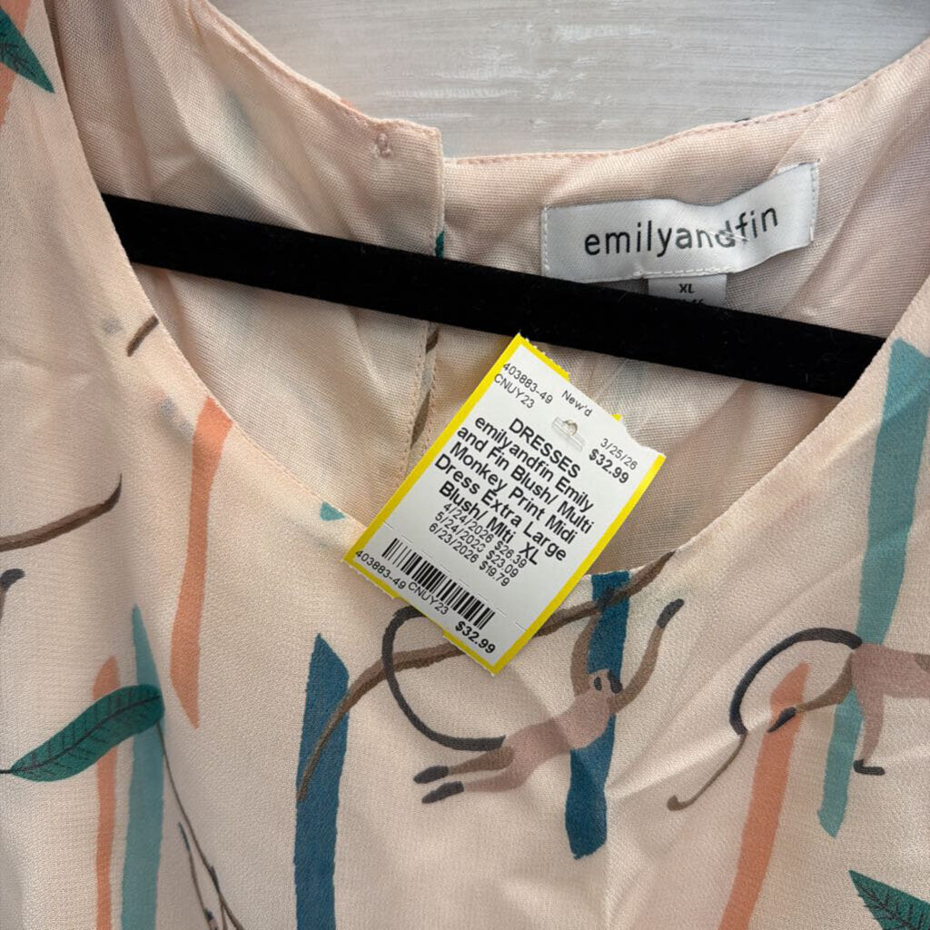 Emily and Fin Blush/ Multi Monkey Print Midi Dress Extra Large