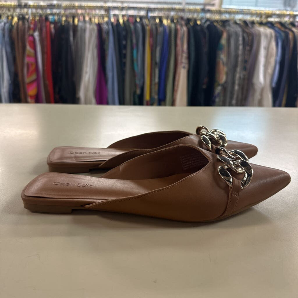 Open Edit Brown Leather Gold Chain Kristina Mules 7.5