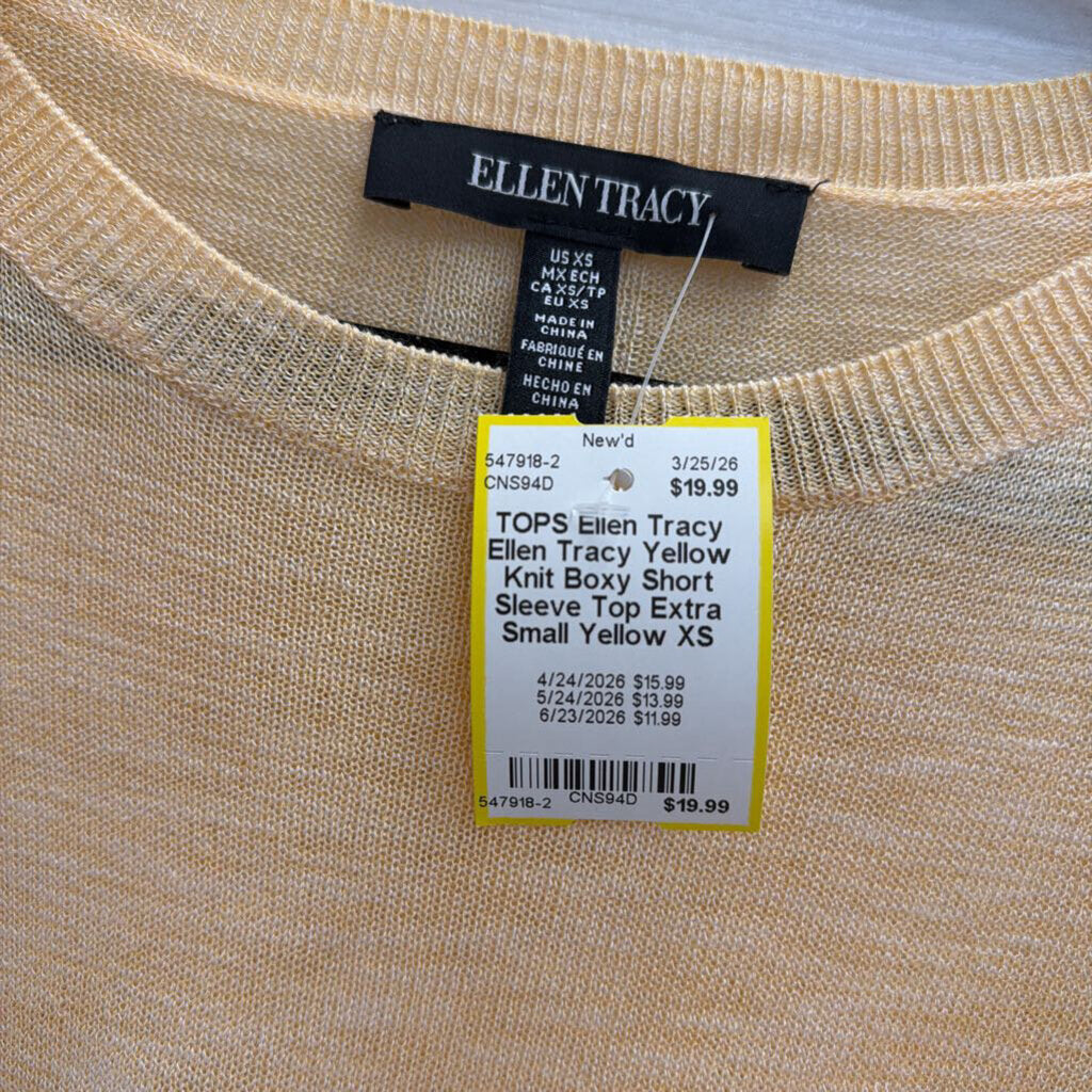 Ellen Tracy Yellow Knit Boxy Short Sleeve Top Extra Small